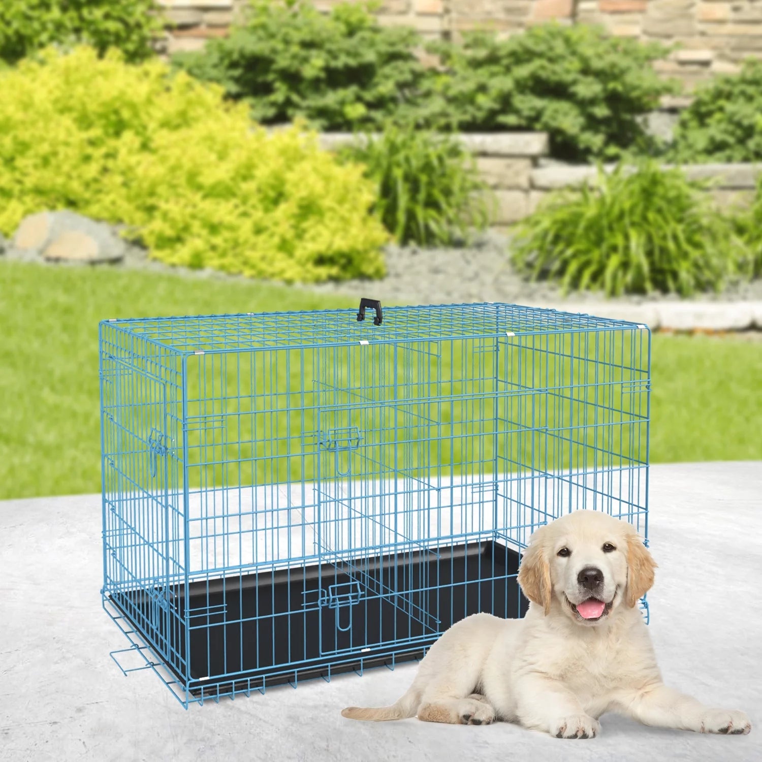 24 Inch Dog Crate- Folding Metal Dog Crate with Double-Door, Divider Panel, Removable Tray and Handle Pet Dog Cages for Small Dogs Indoor, Blue