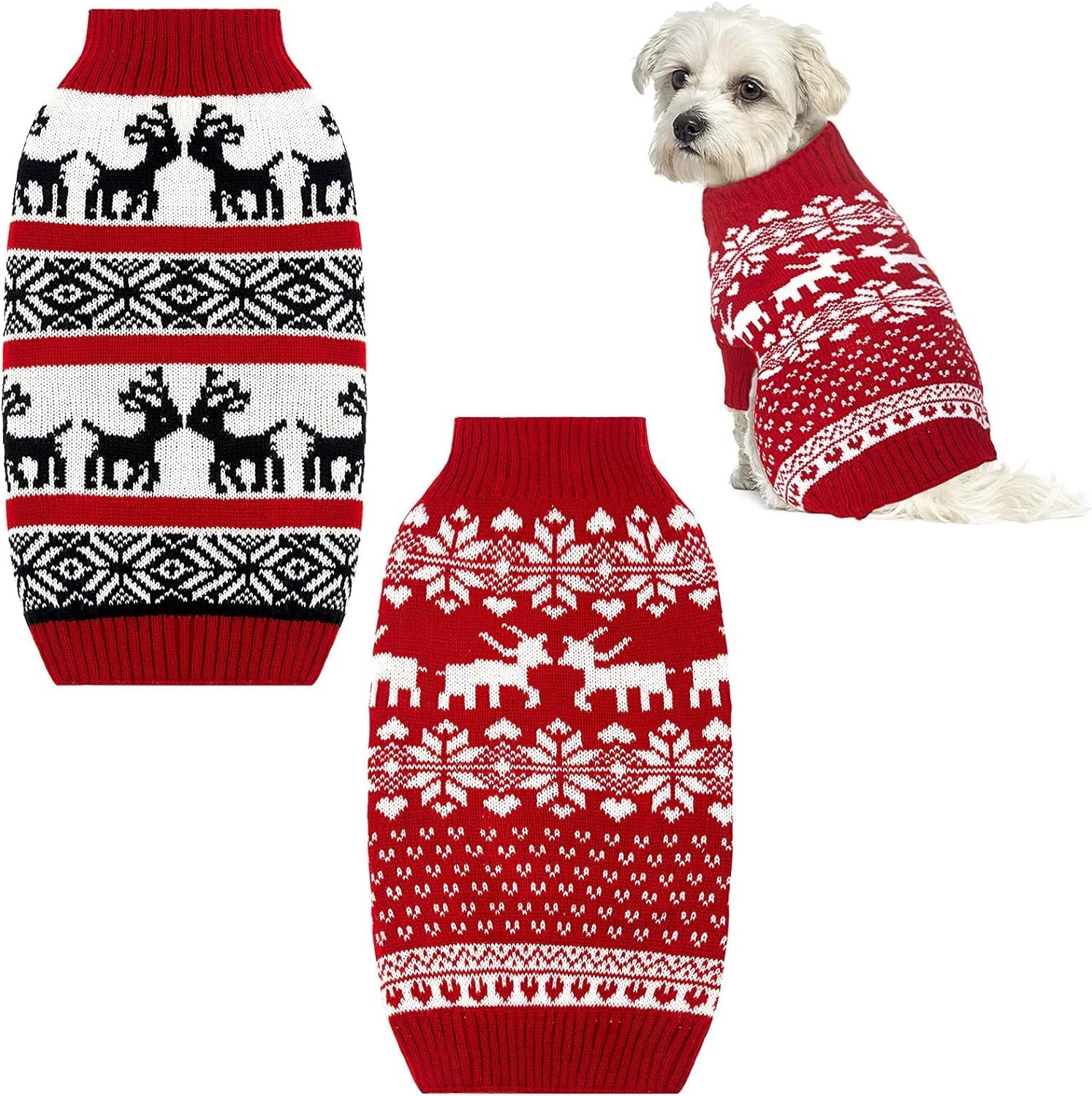 2-Piece Dog Holiday Reindeer Sweater Set – Christmas Snowflake Dog Clothes for Pets (Medium)