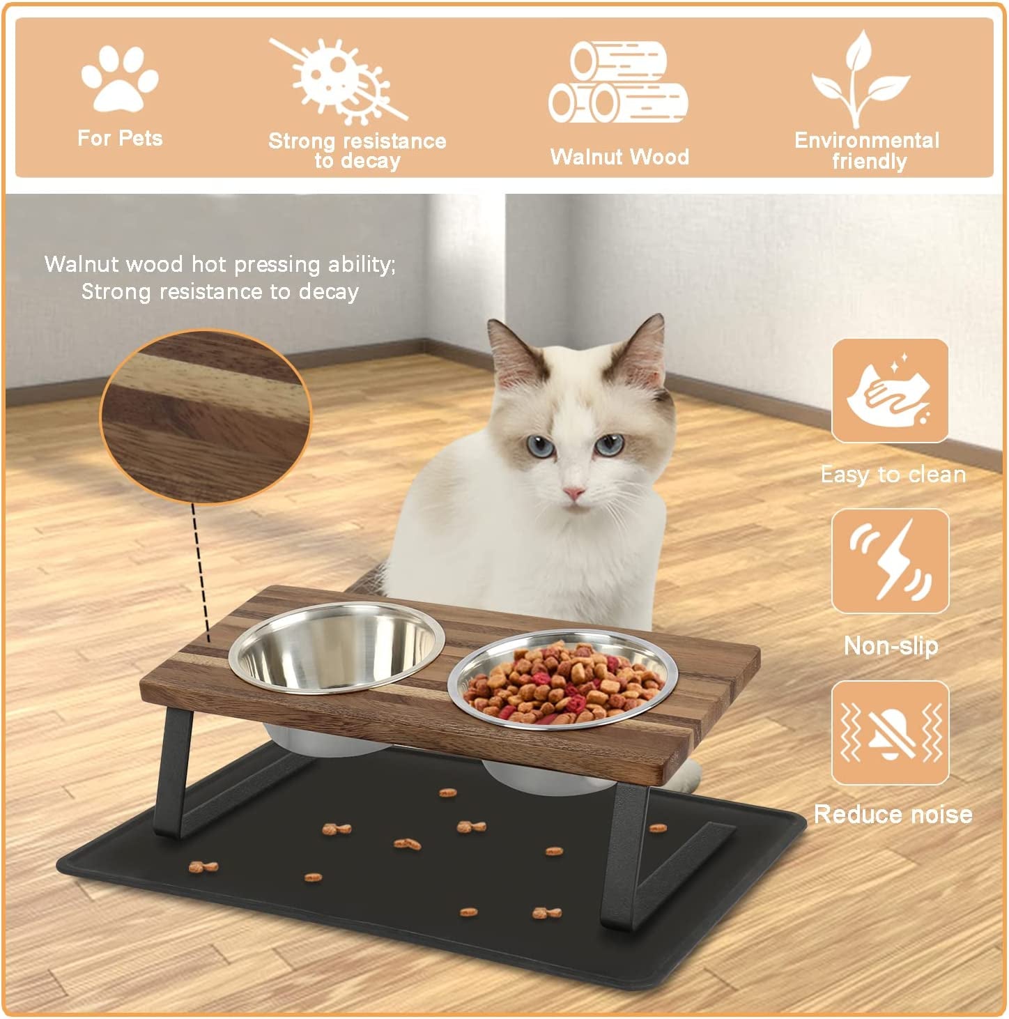 15° Tilted Elevated Cat Food & Water Bowl Set | Walnut Wood Stand with Anti-Slip Mat for Cats and Puppies (Small)