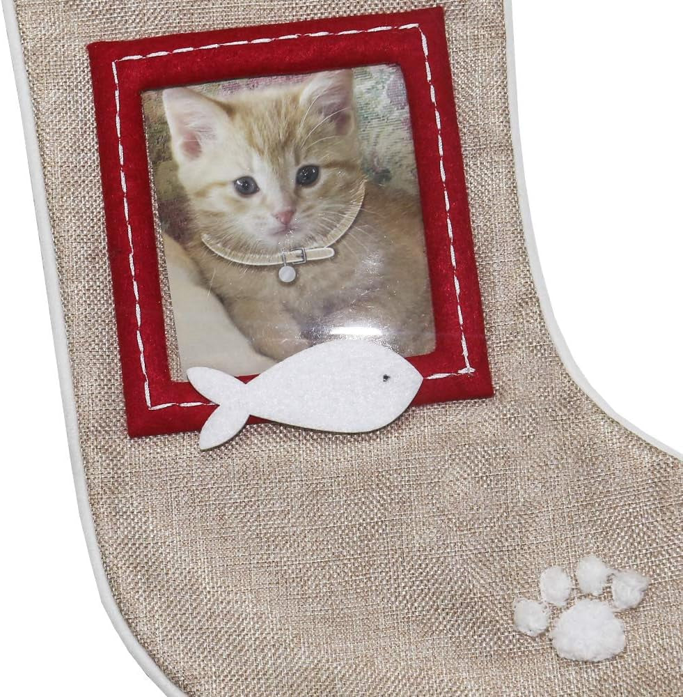 Set of 2 Christmas Stockings for Cats – Burlap Stockings with Sewn-On Picture Frames (Meow/Cat)