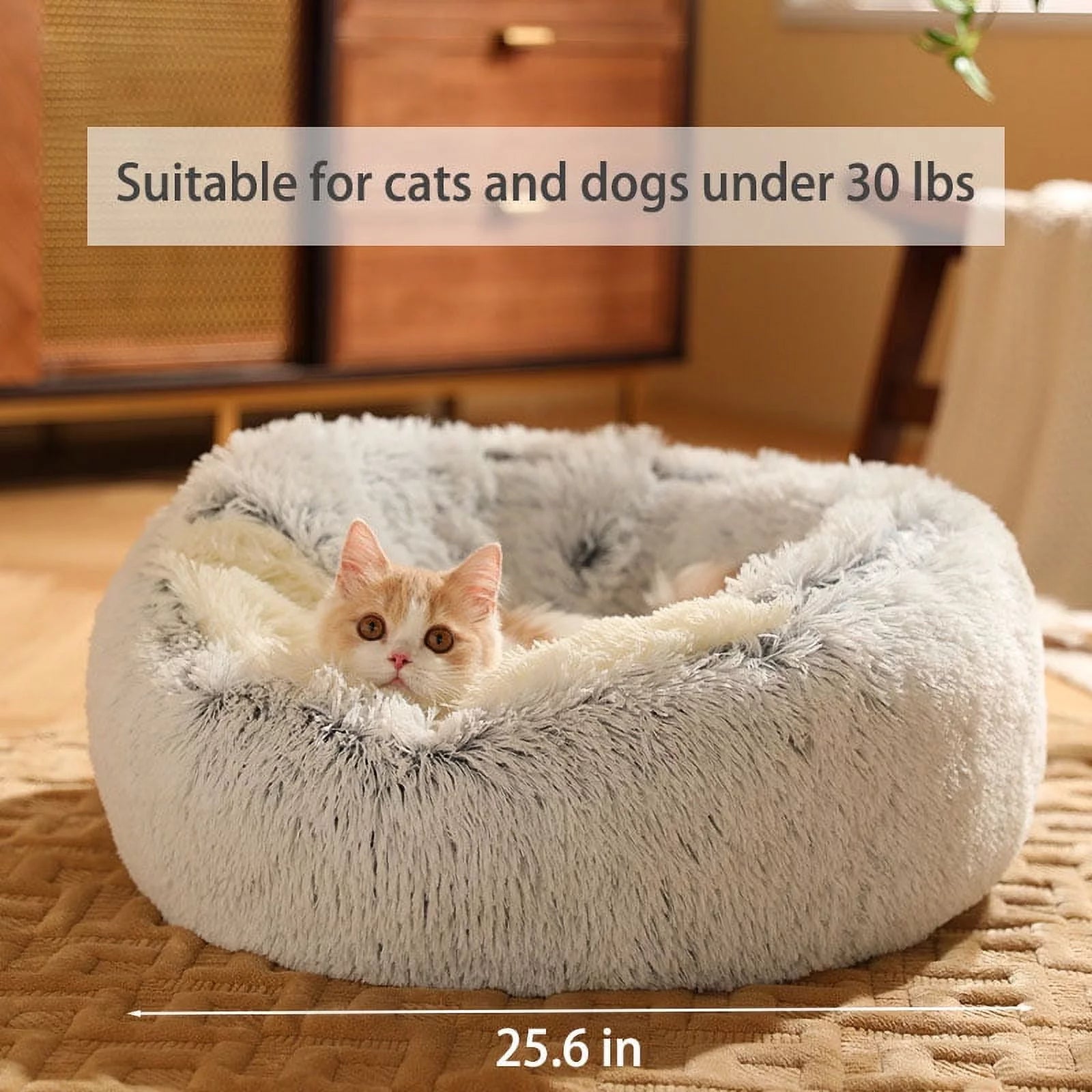 Cozy Cuddle Haven: Plush Round Cat Bed with Cover for Cats & Small Dogs (25.6") – Ultra-Soft, Fluffy Comfort