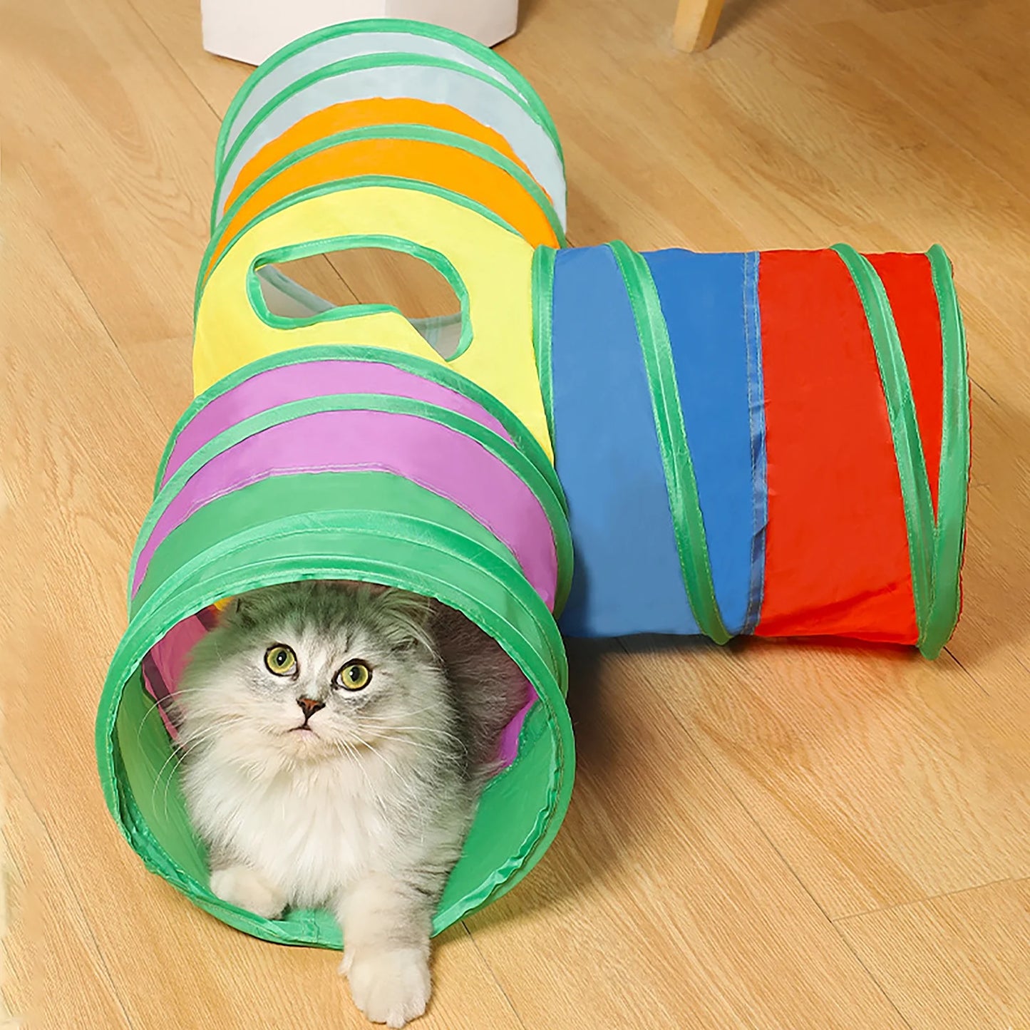 "Interactive Rainbow Cat Tunnel: Foldable 3-Way Adventure for Indoor Cats