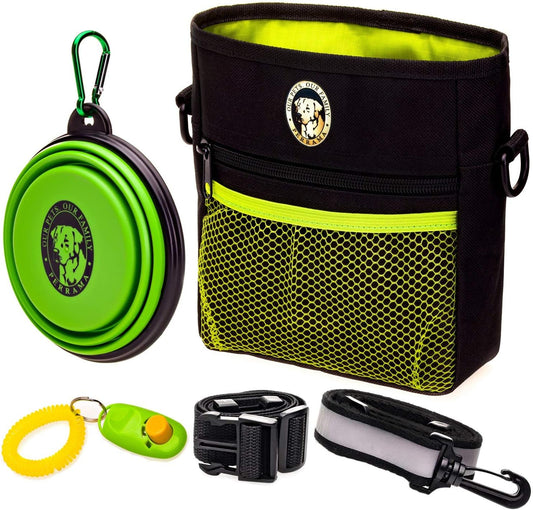 Premium Dog Treat Pouch – Includes Clicker & Collapsible Bowl, Adjustable Reflective Straps for Training & Agility