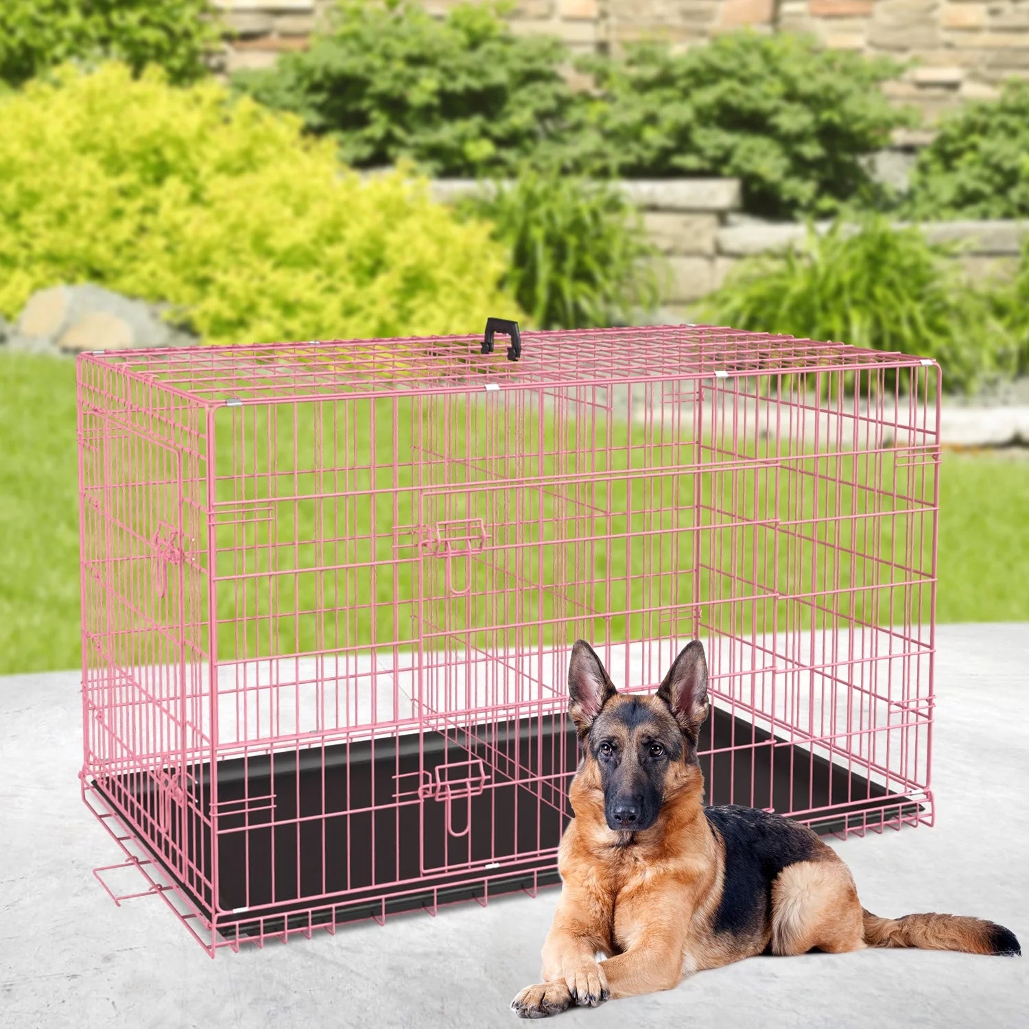 42 Inch Dog Crate-Foldable With Handle Double-Door Outdoor Metal Wire Dog Cage with Plastic Tray for Medium Dogs, Pink