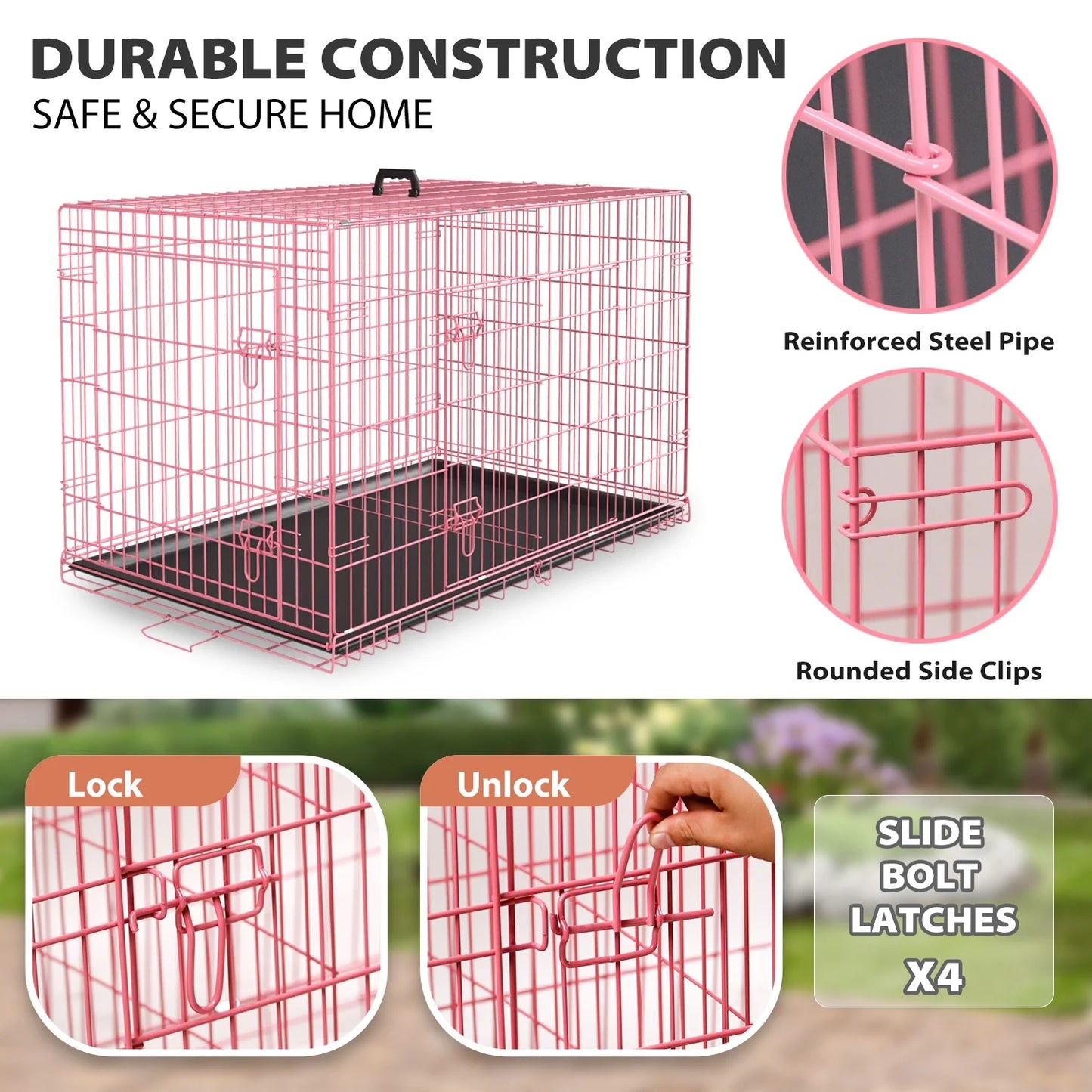 42 Inch Dog Crate-Foldable With Handle Double-Door Outdoor Metal Wire Dog Cage with Plastic Tray for Medium Dogs, Pink