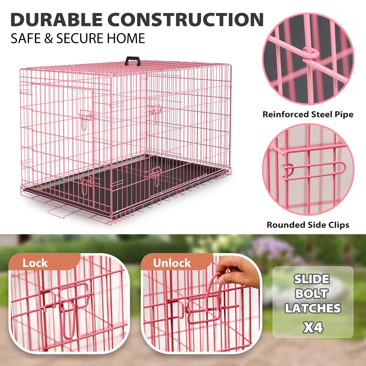 42 Inch Dog Crate-Foldable With Handle Double-Door Outdoor Metal Wire Dog Cage with Plastic Tray for Medium Dogs, Pink