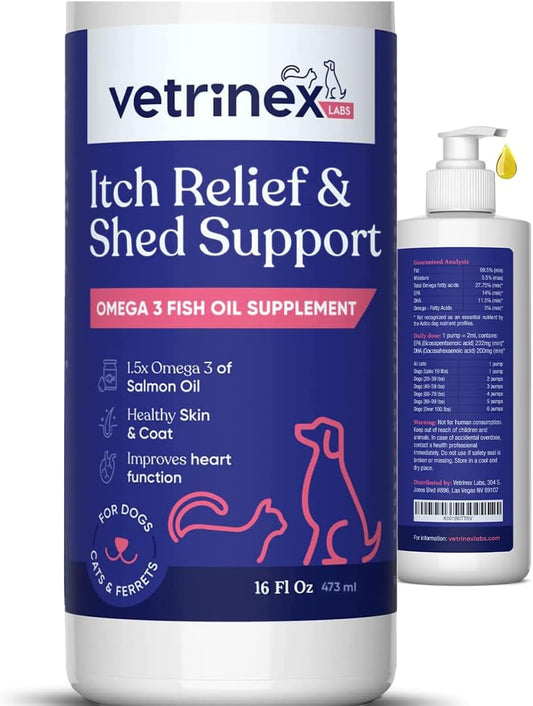 Pet Itch Relief for Dogs and Cats & Shedding Supplement - Omega 3 Fish Oil for Pets - Allergies and anti Itching - Dog, Cat Supplements Itchy Skin Treatment - High EPA & DHA - 16 Oz