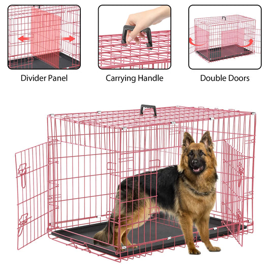 42 Inch Dog Crate-Foldable With Handle Double-Door Outdoor Metal Wire Dog Cage with Plastic Tray for Medium Dogs, Pink