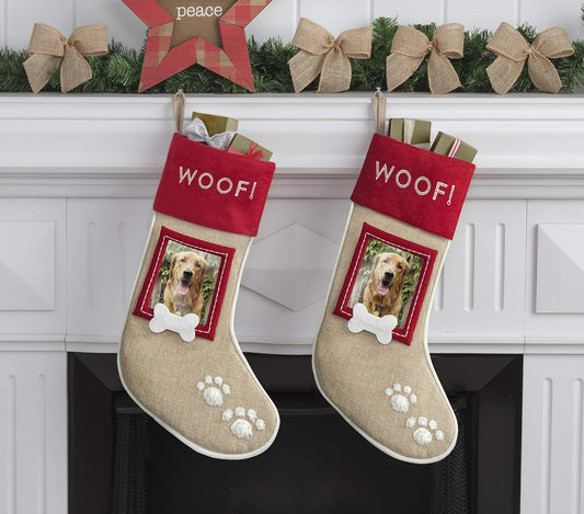 Set of 2 Christmas Stockings for Dogs – Burlap Stockings with Sewn-On Picture Frames (Woof/Dog)