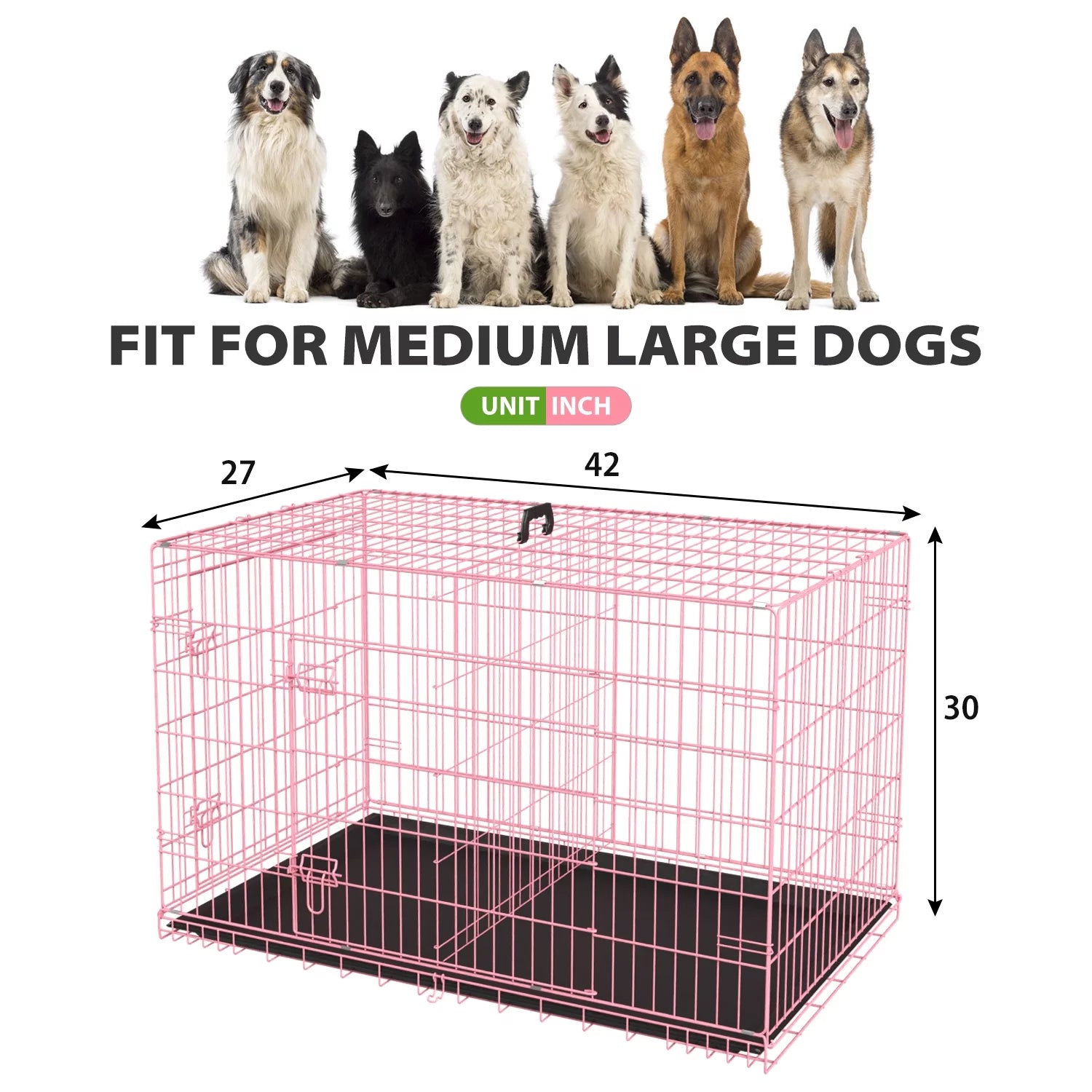 42 Inch Dog Crate-Foldable With Handle Double-Door Outdoor Metal Wire Dog Cage with Plastic Tray for Medium Dogs, Pink