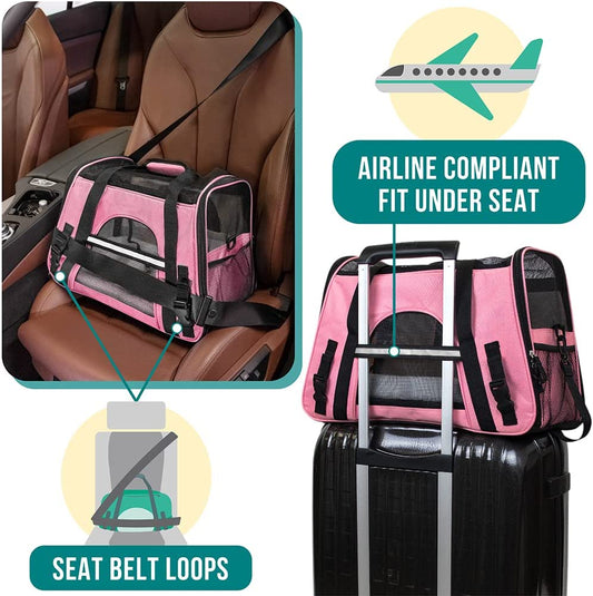 Airline Approved Pet Carrier – Soft-Sided Travel Bag for Cats and Small Dogs (Large Pink)