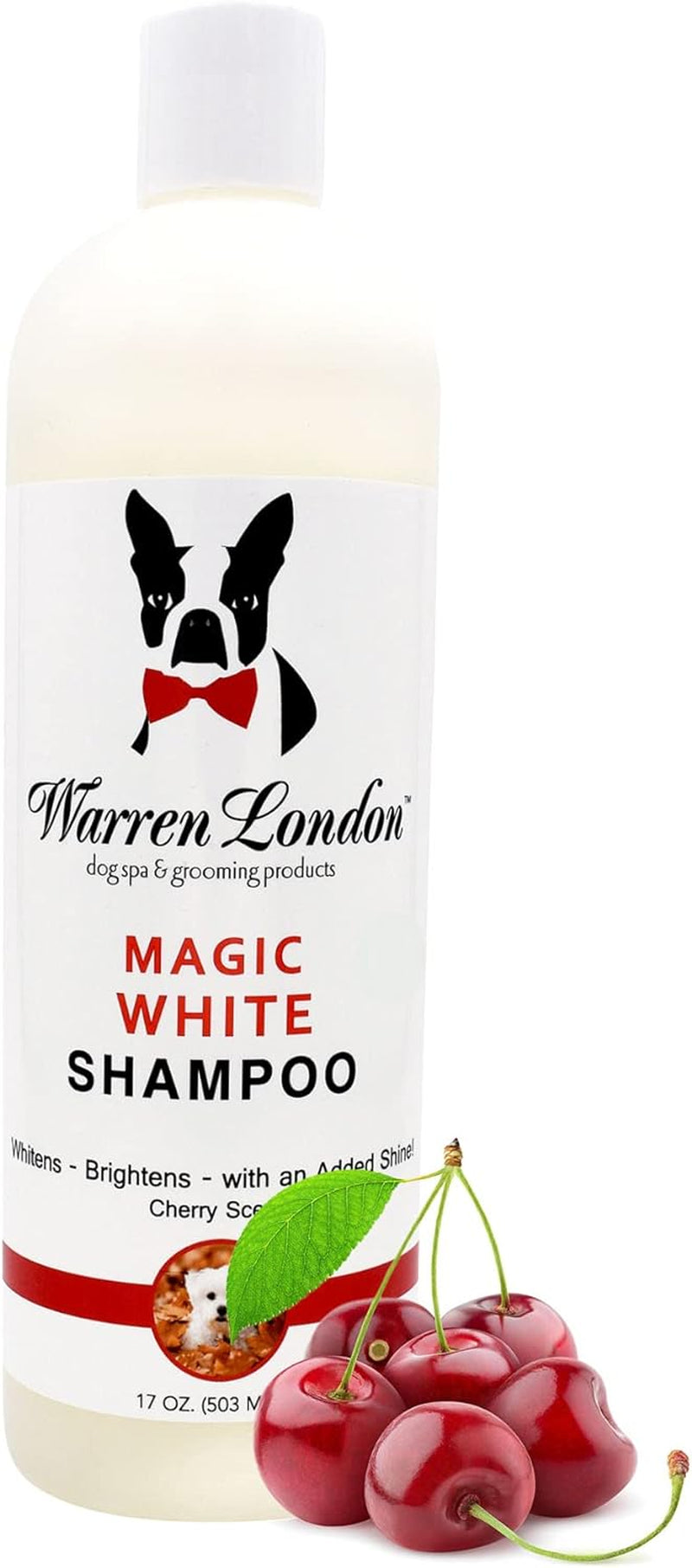 Magic White Dog Shampoo – Whitening Formula for White & Light Coats, Puppy & Cat Safe, Cherry Scent (17 oz)