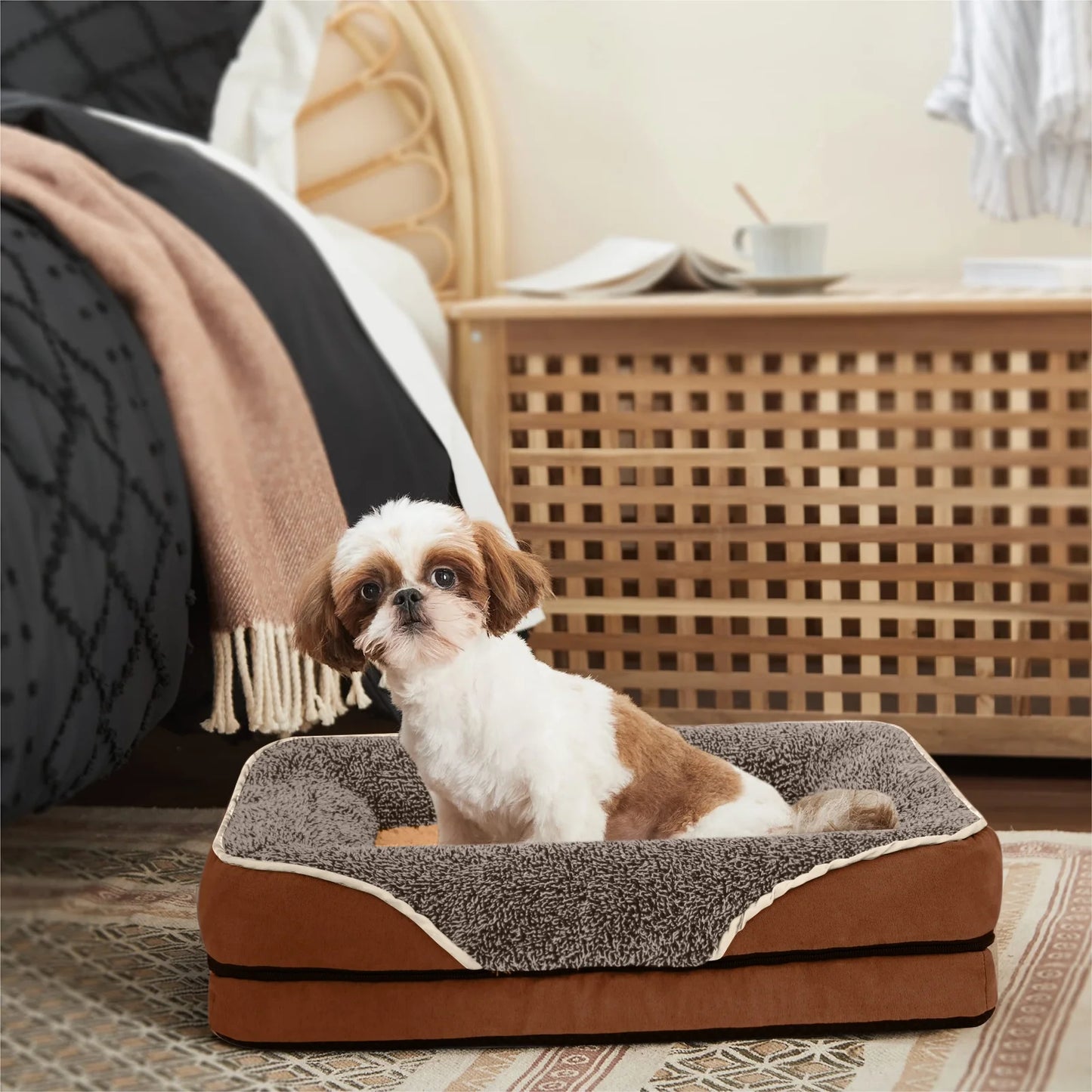 Orthopedic Dog Bed for Small Dogs – Supportive Egg Crate Foam Sofa with Removable Washable Cover & Non-Skid Bottom (Brown, Size S)