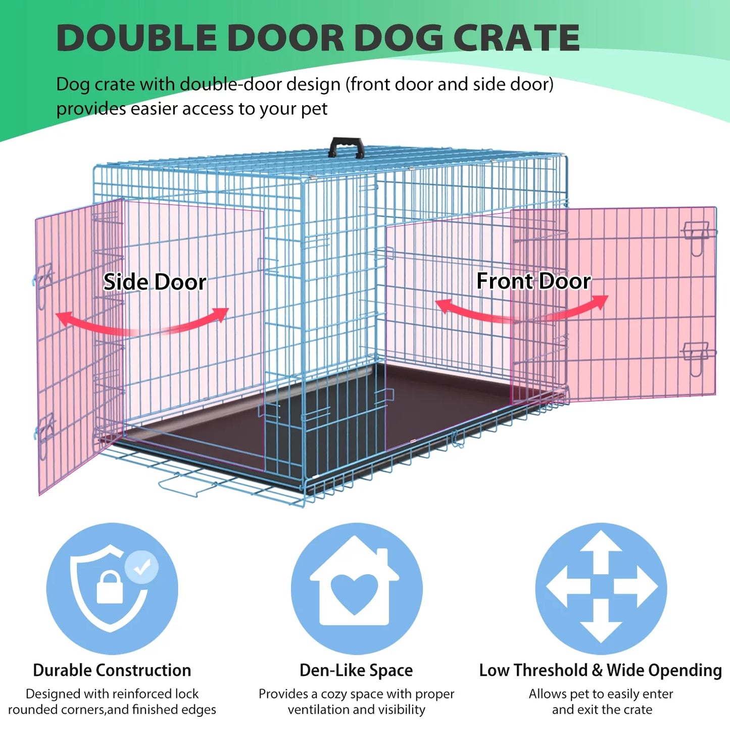 24 Inch Dog Crate- Folding Metal Dog Crate with Double-Door, Divider Panel, Removable Tray and Handle Pet Dog Cages for Small Dogs Indoor, Blue