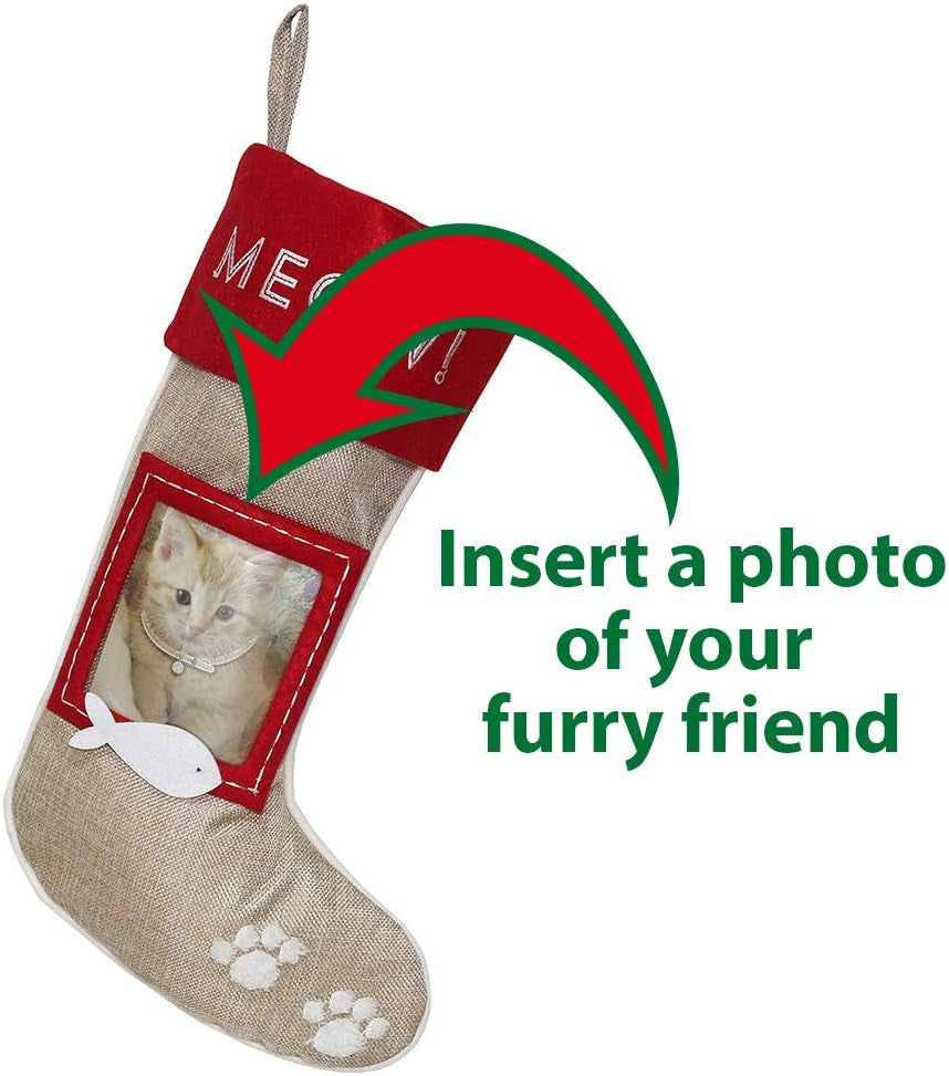 Set of 2 Christmas Stockings for Cats – Burlap Stockings with Sewn-On Picture Frames (Meow/Cat)