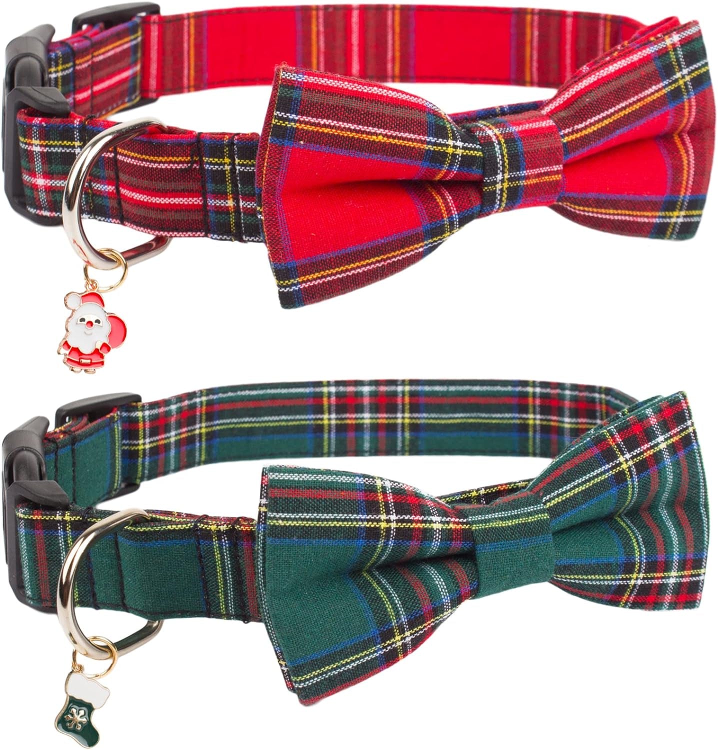 Adjustable Christmas Dog Collar with Bowtie – Plaid Red & Green Collars for Large Dogs