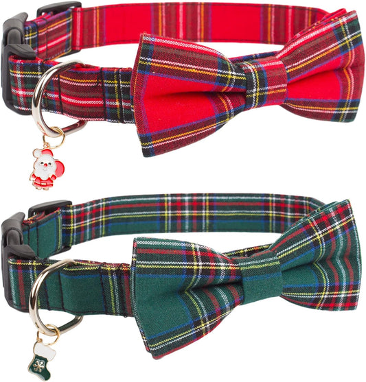 Adjustable Christmas Dog Collar with Bowtie – Plaid Red & Green Collars for Large Dogs