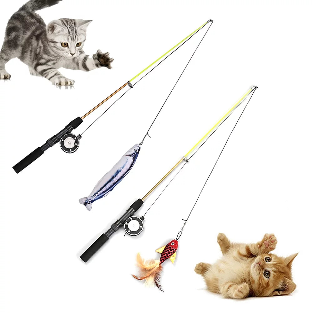 Cat Fishing Pole Toy, Retractable Wand Cat Toy with Reel, Cat Fishing Rod & Feather Toy, Interactive Cat Teaser Wand Toy for Indoor Cats