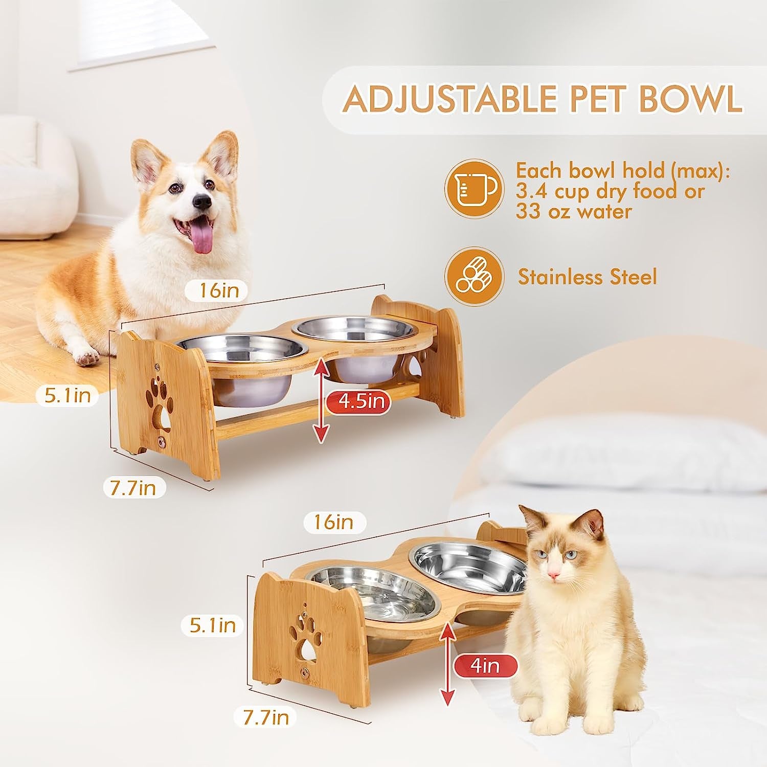 Elevated Dog Bowls – Adjustable Bamboo Raised Feeding Station for Cats and Dogs