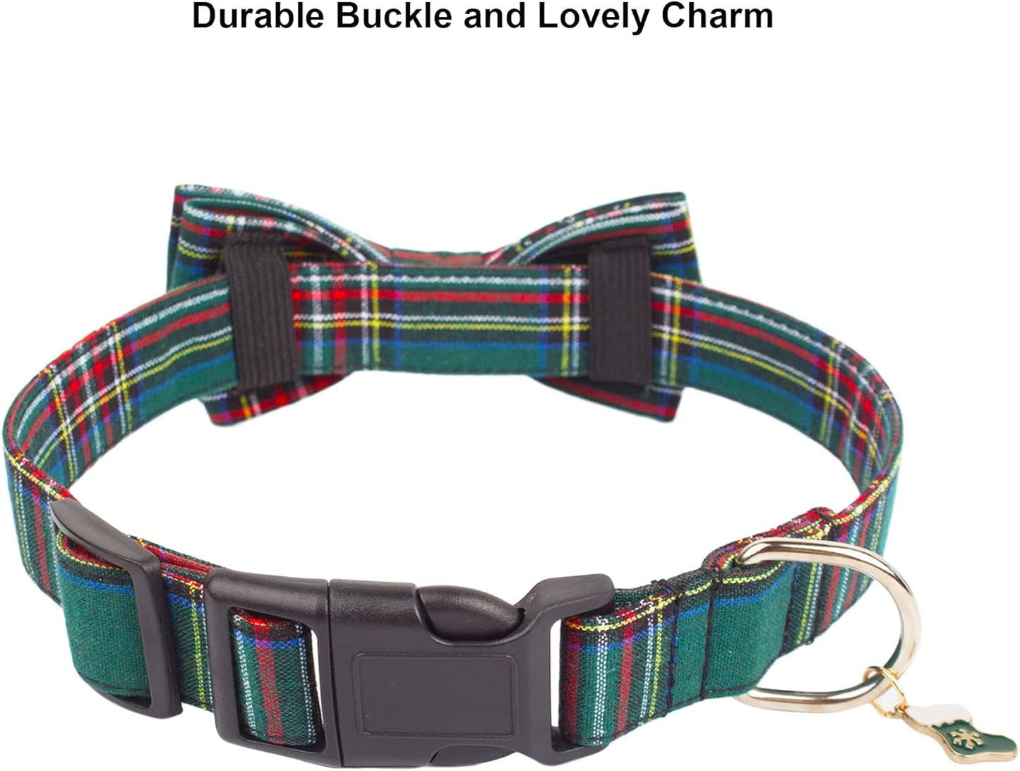 Adjustable Christmas Dog Collar with Bowtie – Plaid Red & Green Collars for Large Dogs