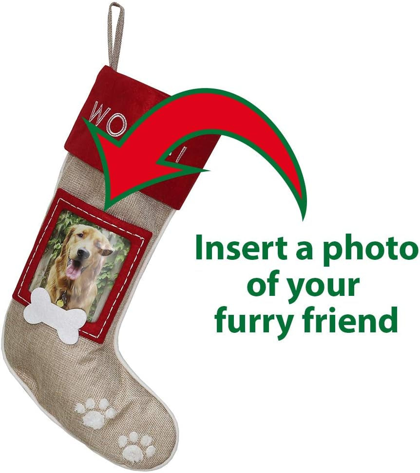 Set of 2 Christmas Stockings for Dogs – Burlap Stockings with Sewn-On Picture Frames (Woof/Dog)