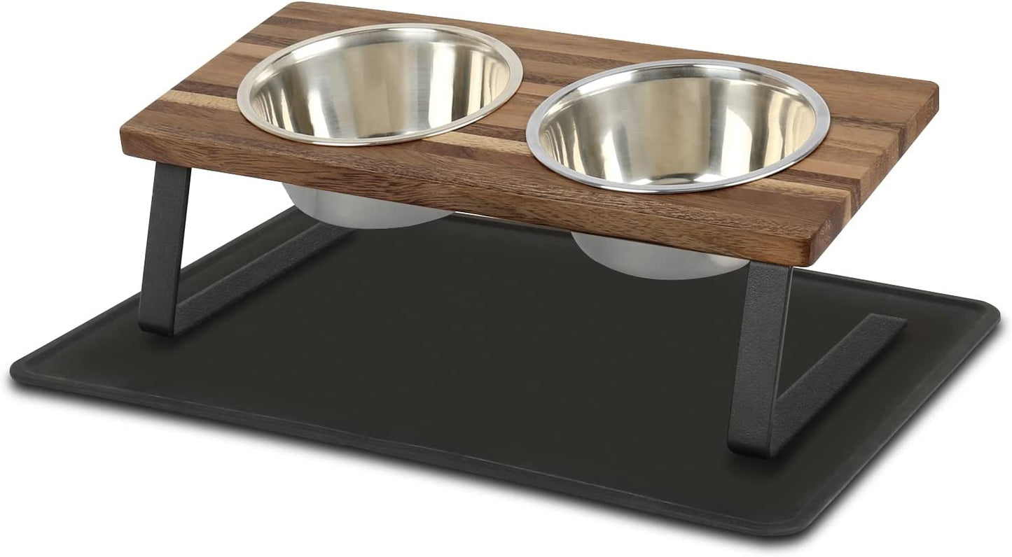 15° Tilted Elevated Cat Food & Water Bowl Set | Walnut Wood Stand with Anti-Slip Mat for Cats and Puppies (Small)