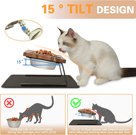 15° Tilted Elevated Cat Food & Water Bowl Set | Walnut Wood Stand with Anti-Slip Mat for Cats and Puppies (Small)