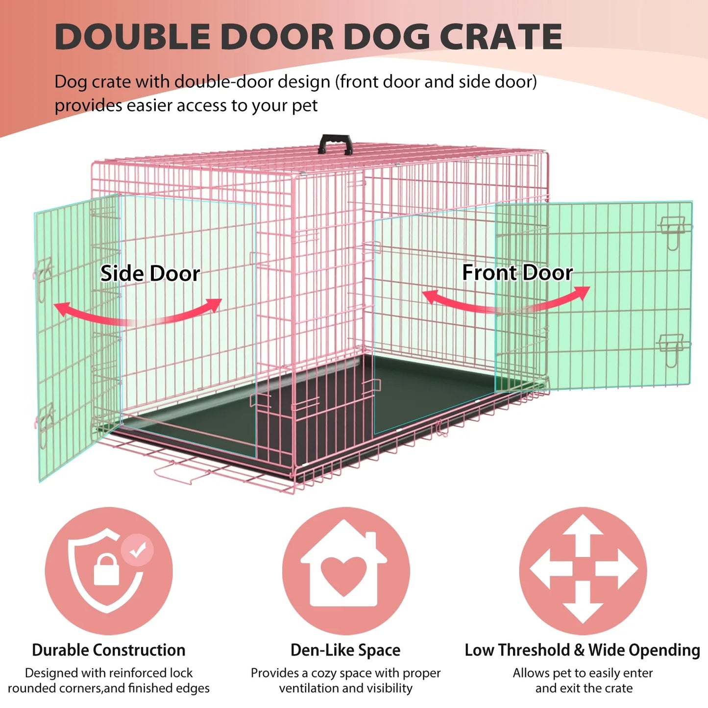 42 Inch Dog Crate-Foldable With Handle Double-Door Outdoor Metal Wire Dog Cage with Plastic Tray for Medium Dogs, Pink