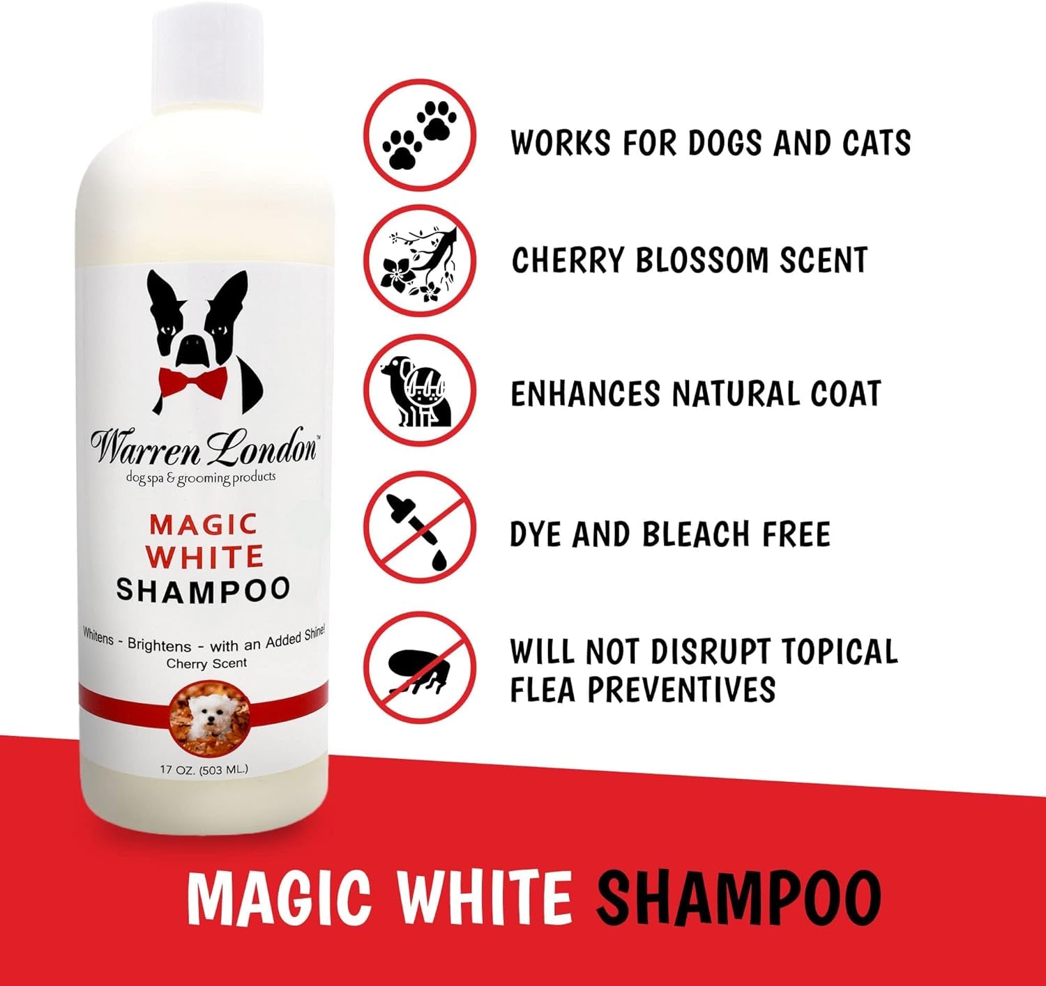 Magic White Dog Shampoo – Whitening Formula for White & Light Coats, Puppy & Cat Safe, Cherry Scent (17 oz)