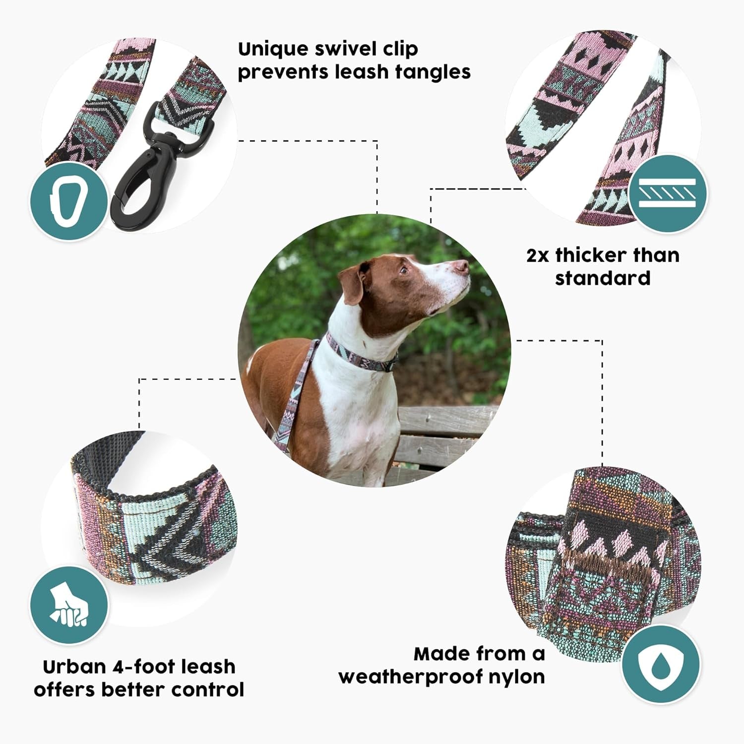 Embark Urban Dog Leash – Colorful Aztec Design, Strong & Sturdy 4FT Leash for Small, Medium, and Large Dogs