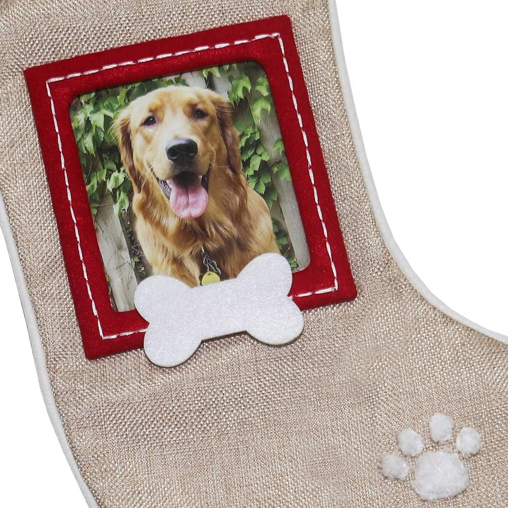 Set of 2 Christmas Stockings for Dogs – Burlap Stockings with Sewn-On Picture Frames (Woof/Dog)