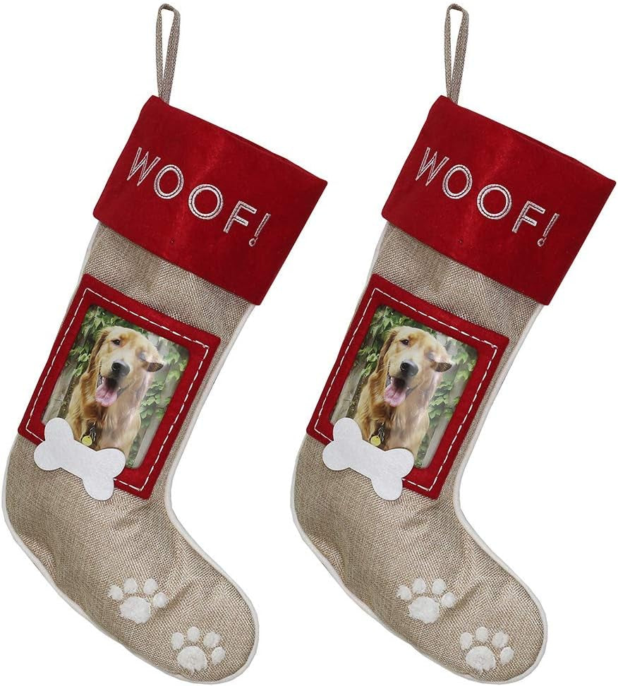 Set of 2 Christmas Stockings for Dogs – Burlap Stockings with Sewn-On Picture Frames (Woof/Dog)