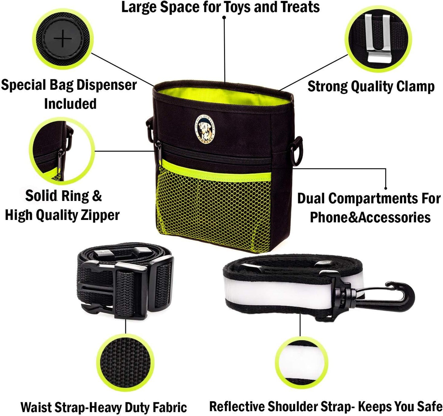 Premium Dog Treat Pouch – Includes Clicker & Collapsible Bowl, Adjustable Reflective Straps for Training & Agility