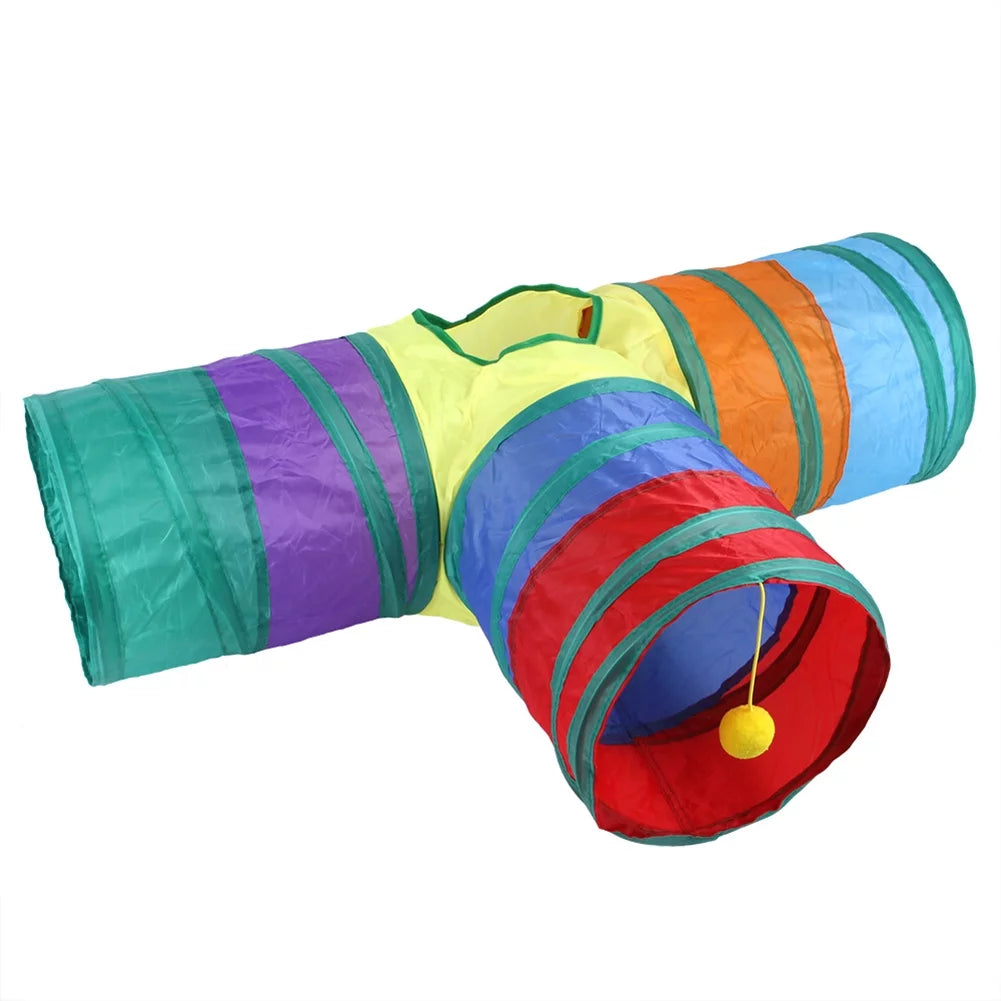 "Interactive Rainbow Cat Tunnel: Foldable 3-Way Adventure for Indoor Cats