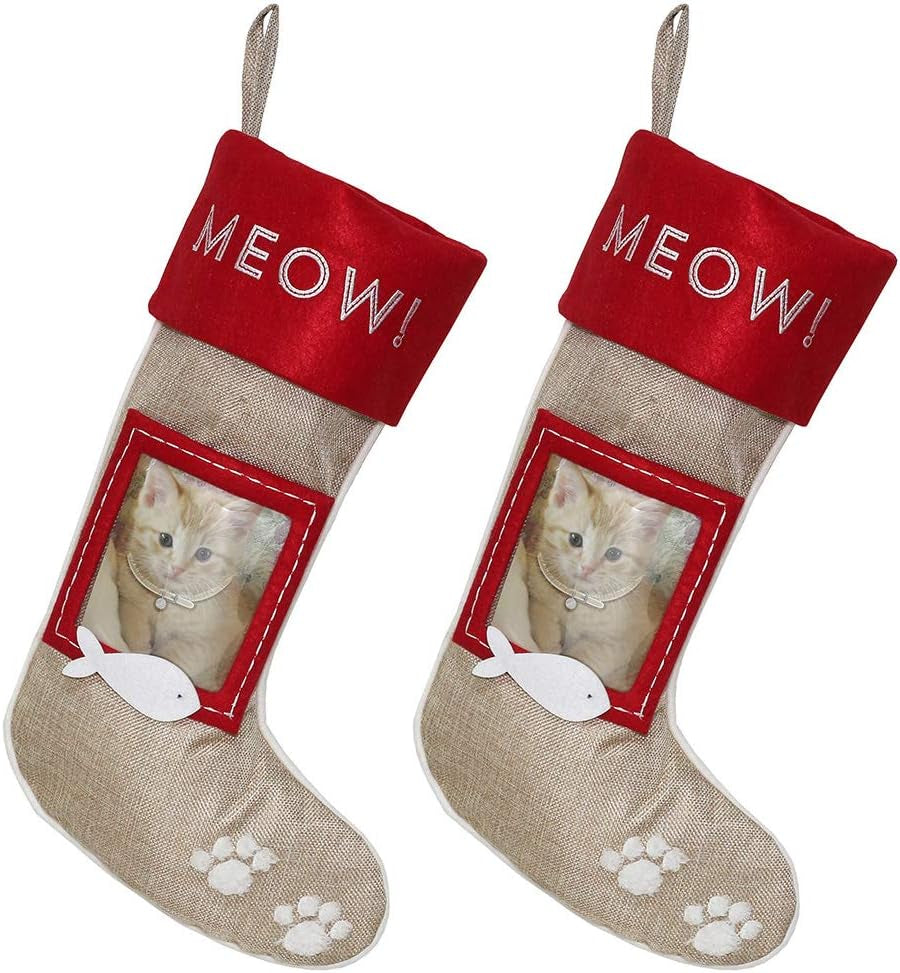 Set of 2 Christmas Stockings for Cats – Burlap Stockings with Sewn-On Picture Frames (Meow/Cat)