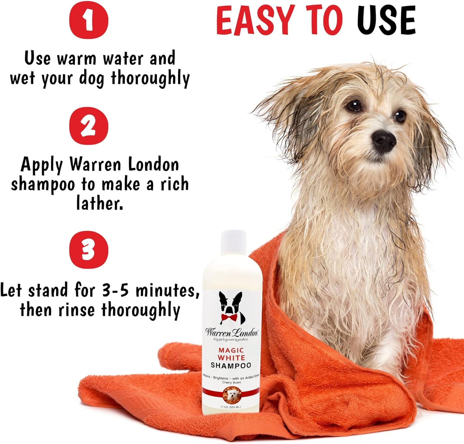 Magic White Dog Shampoo – Whitening Formula for White & Light Coats, Puppy & Cat Safe, Cherry Scent (17 oz)