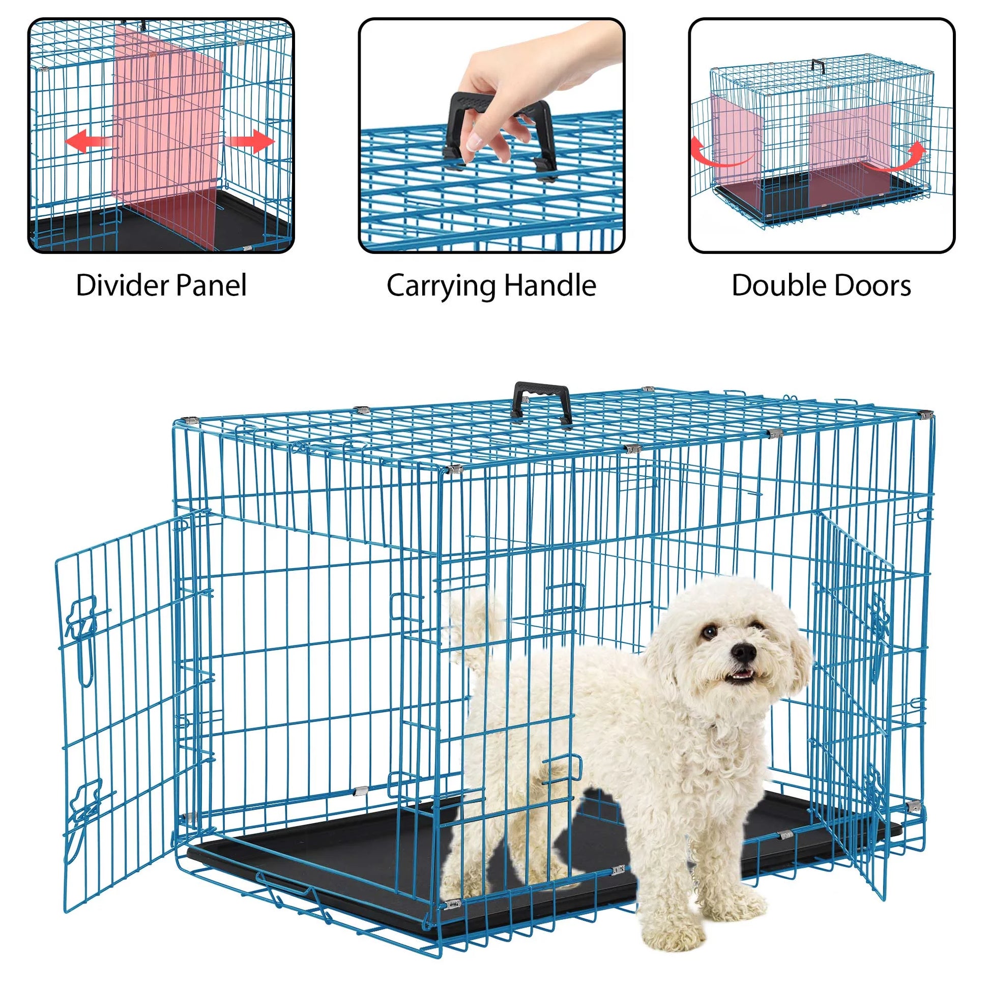 24 Inch Dog Crate- Folding Metal Dog Crate with Double-Door, Divider Panel, Removable Tray and Handle Pet Dog Cages for Small Dogs Indoor, Blue