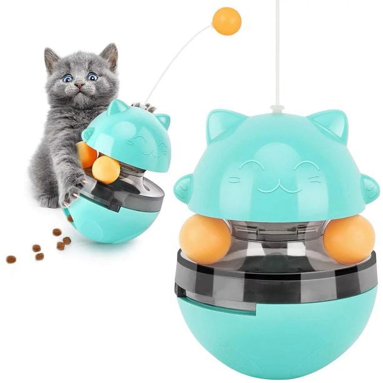 Interactive Cat Food Dispenser & Treat Toy – Slow Feeder, IQ Training Tumbler with Dual Rolling Balls & Wand (Blue)