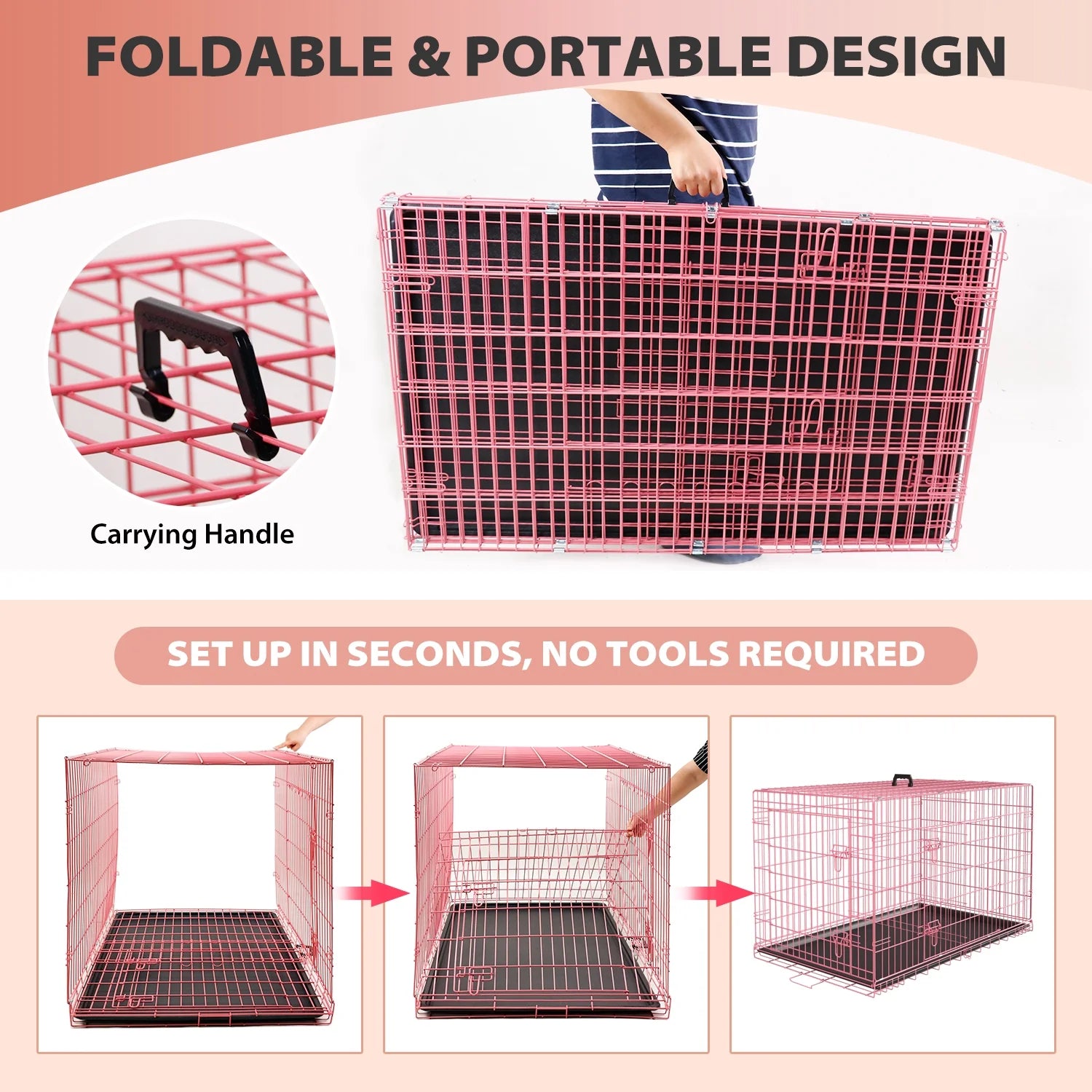 42 Inch Dog Crate-Foldable With Handle Double-Door Outdoor Metal Wire Dog Cage with Plastic Tray for Medium Dogs, Pink