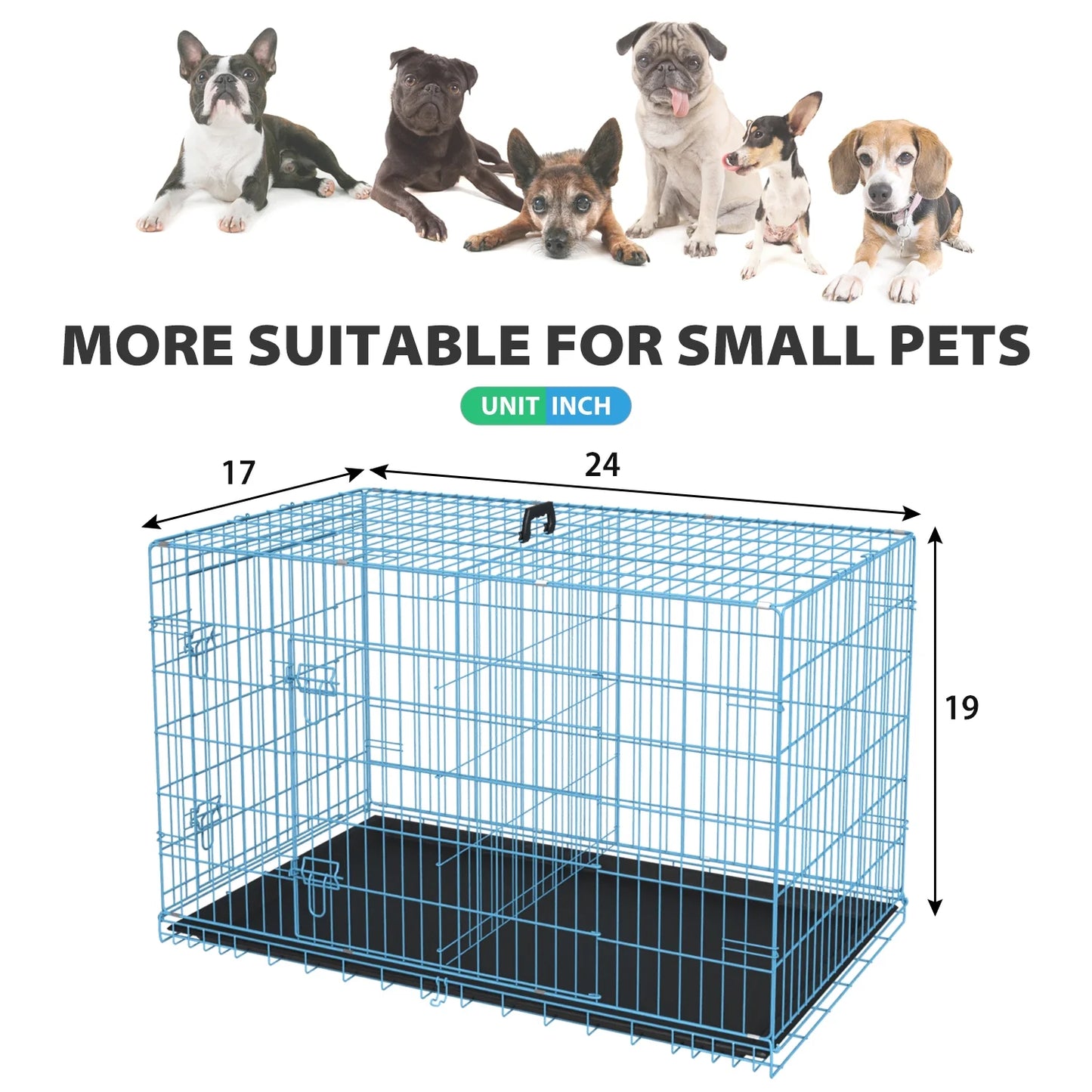 24 Inch Dog Crate- Folding Metal Dog Crate with Double-Door, Divider Panel, Removable Tray and Handle Pet Dog Cages for Small Dogs Indoor, Blue