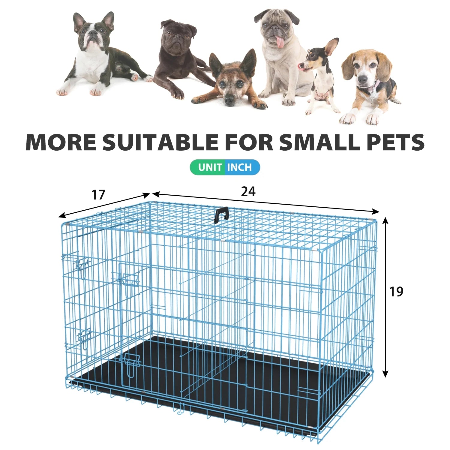 24 Inch Dog Crate- Folding Metal Dog Crate with Double-Door, Divider Panel, Removable Tray and Handle Pet Dog Cages for Small Dogs Indoor, Blue