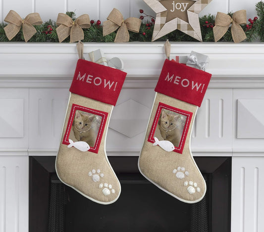 Set of 2 Christmas Stockings for Cats – Burlap Stockings with Sewn-On Picture Frames (Meow/Cat)