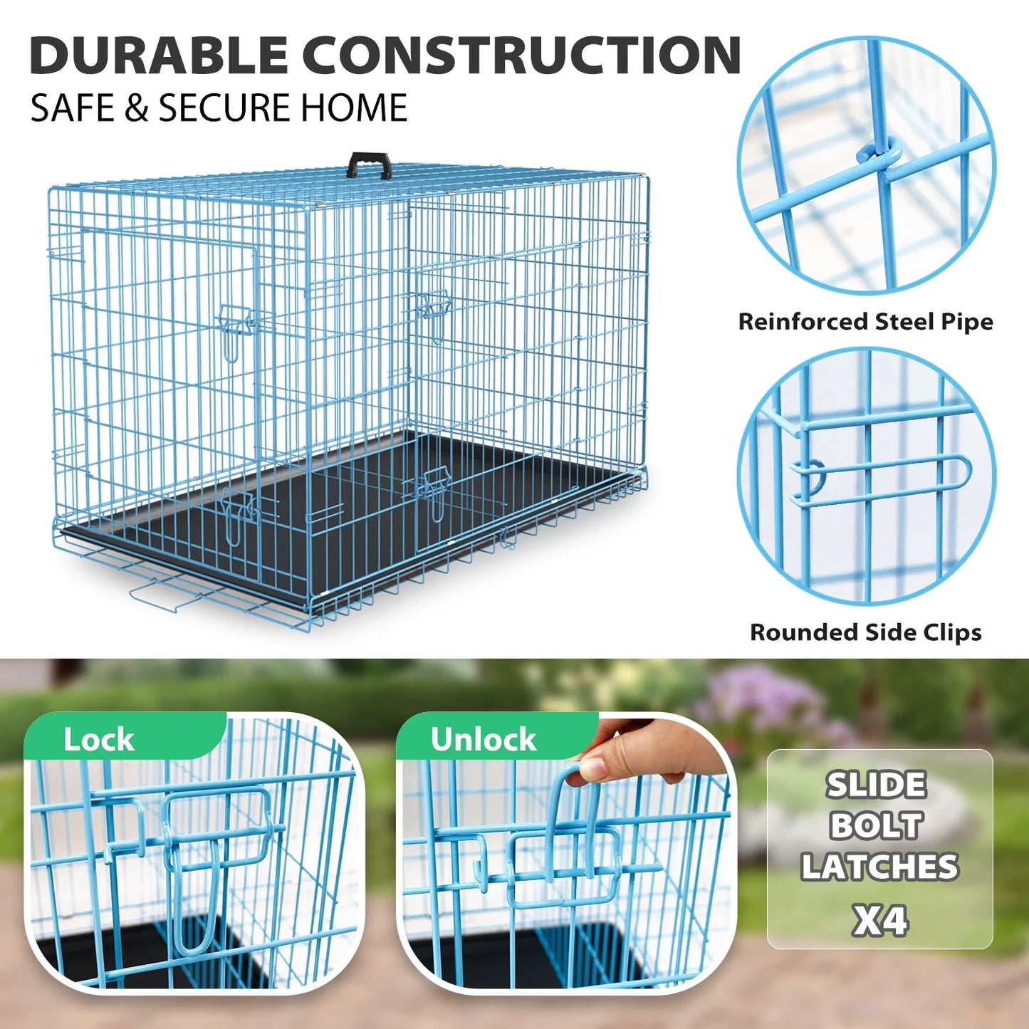 24 Inch Dog Crate- Folding Metal Dog Crate with Double-Door, Divider Panel, Removable Tray and Handle Pet Dog Cages for Small Dogs Indoor, Blue