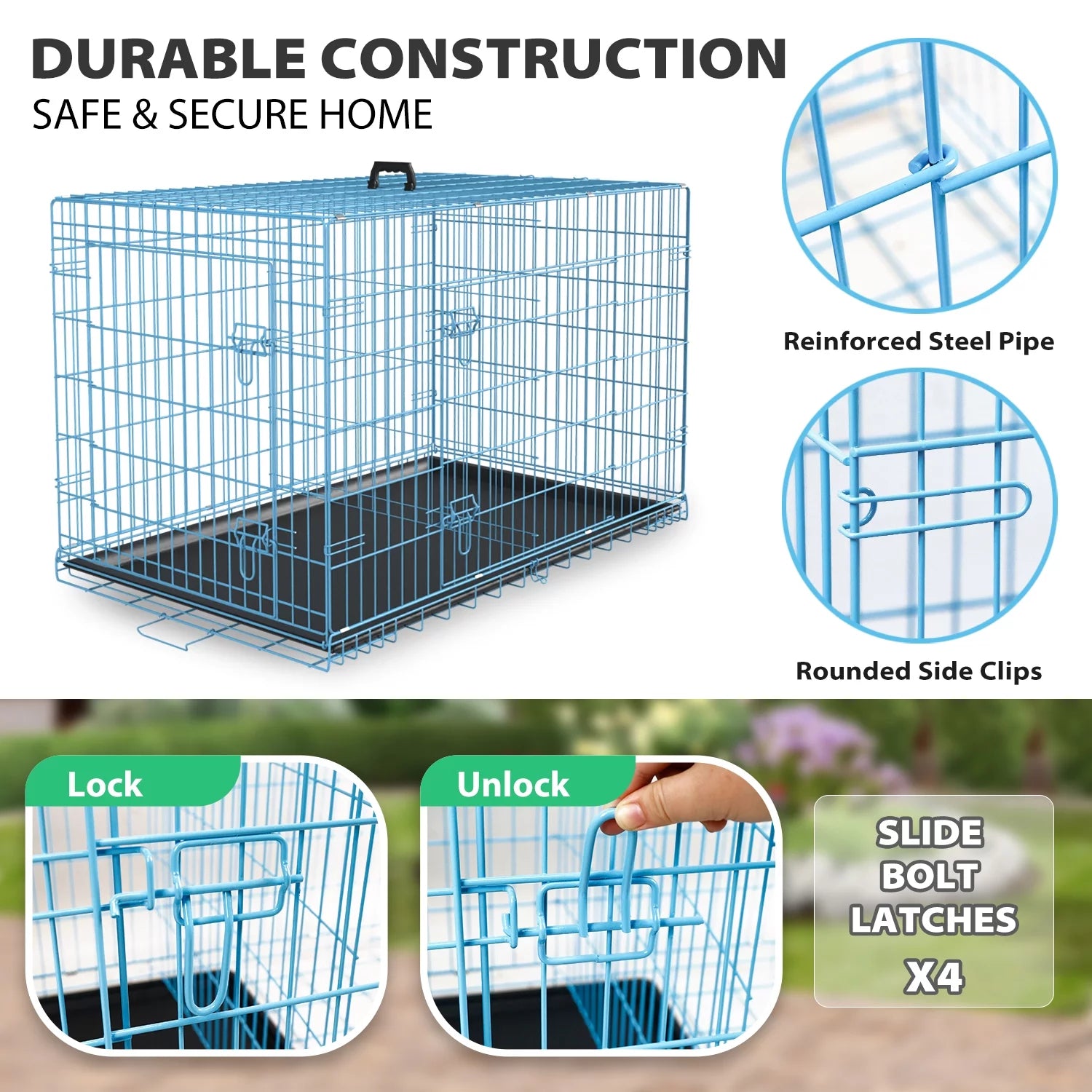 24 Inch Dog Crate- Folding Metal Dog Crate with Double-Door, Divider Panel, Removable Tray and Handle Pet Dog Cages for Small Dogs Indoor, Blue