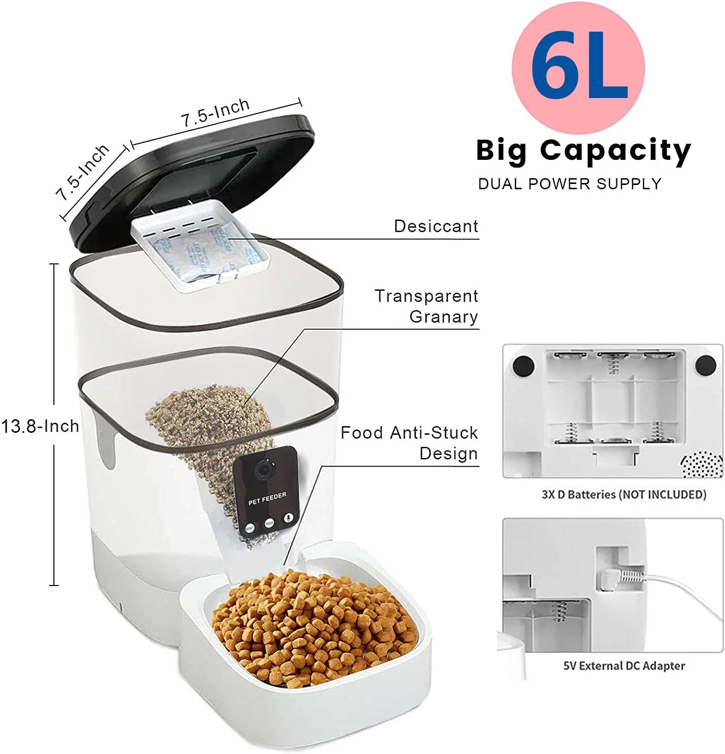 6L Automatic Pet Feeder with 1080P Camera Cats & Dogs- Voice Recorder