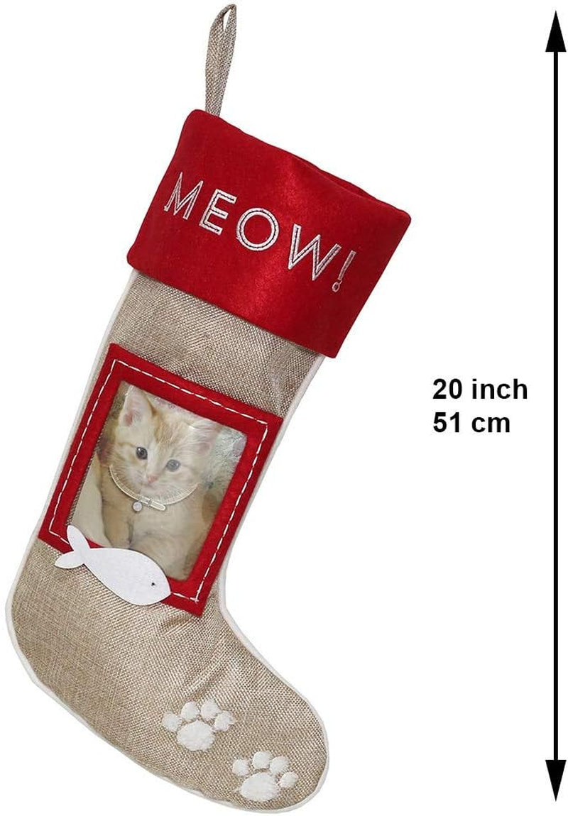 Set of 2 Christmas Stockings for Cats – Burlap Stockings with Sewn-On Picture Frames (Meow/Cat)