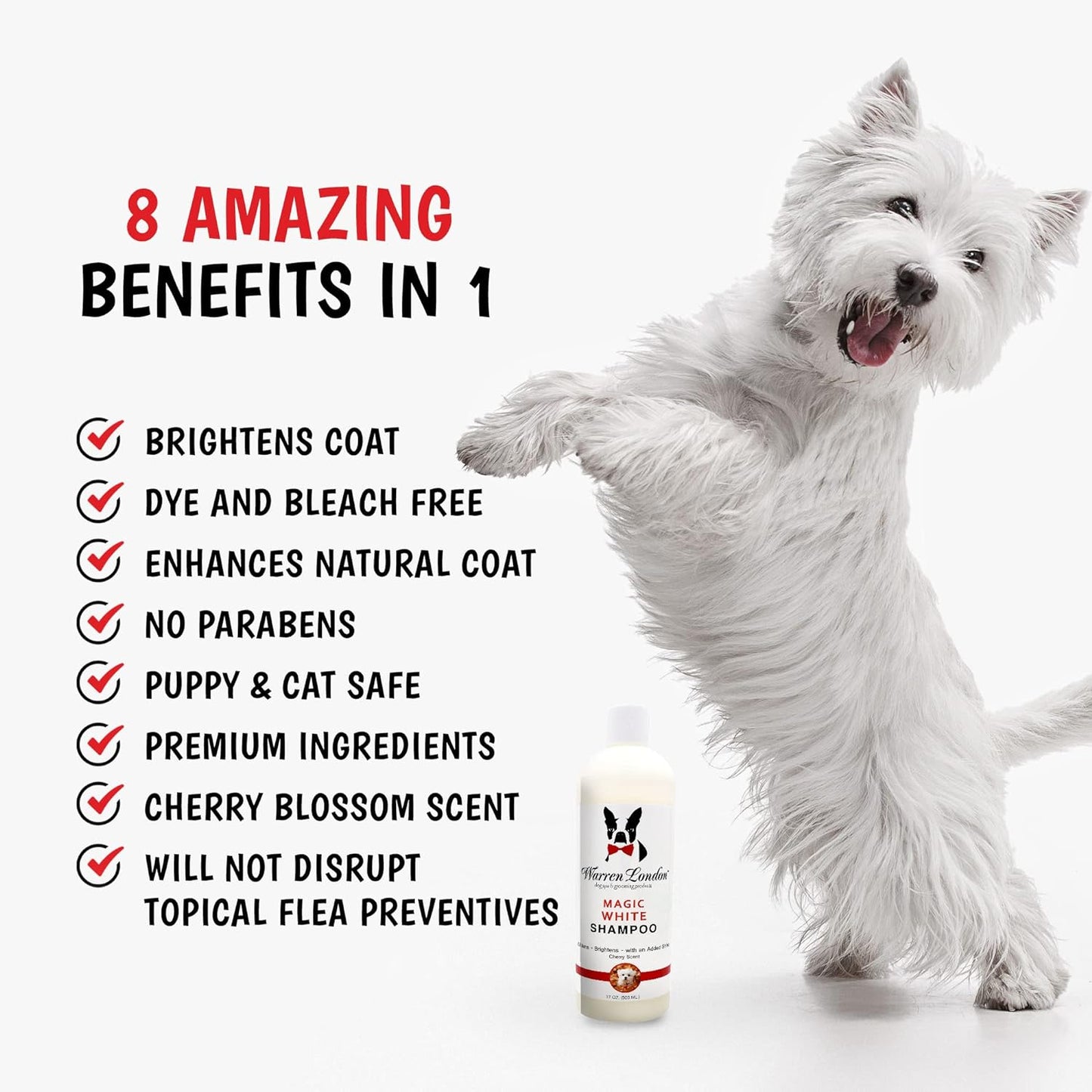 Magic White Dog Shampoo – Whitening Formula for White & Light Coats, Puppy & Cat Safe, Cherry Scent (17 oz)