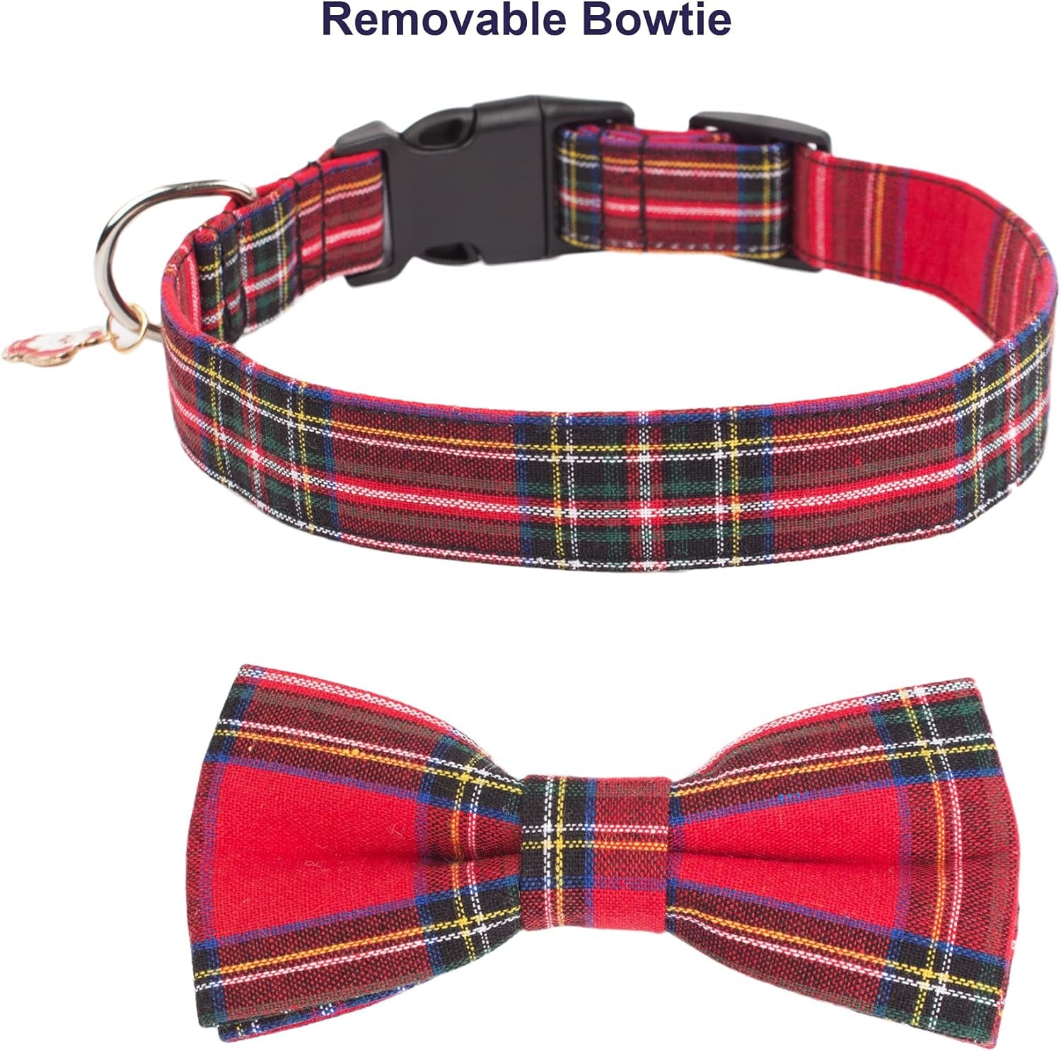 Adjustable Christmas Dog Collar with Bowtie – Plaid Red & Green Collars for Large Dogs