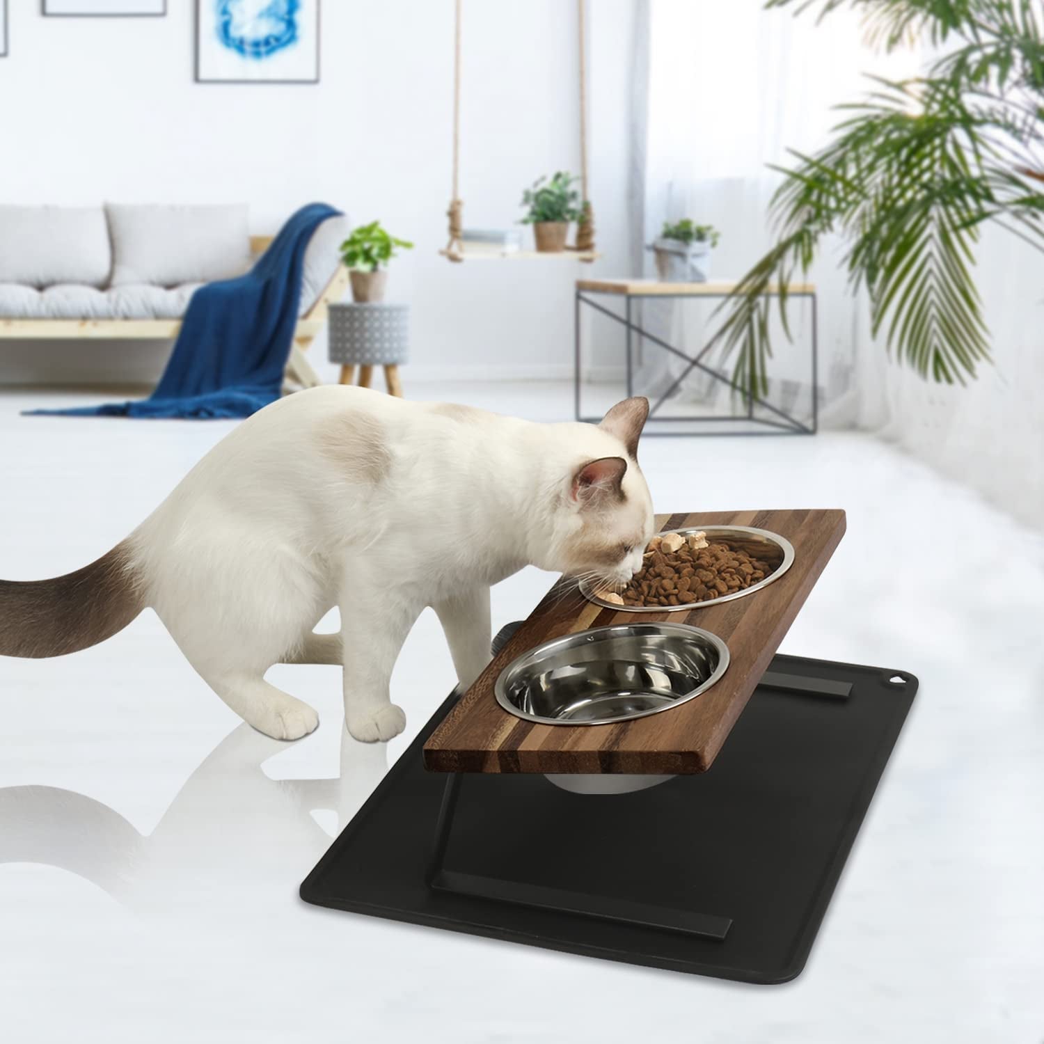 15° Tilted Elevated Cat Food & Water Bowl Set | Walnut Wood Stand with Anti-Slip Mat for Cats and Puppies (Small)