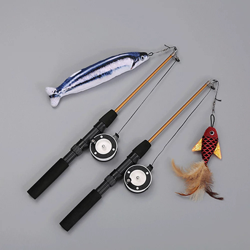 Cat Fishing Pole Toy, Retractable Wand Cat Toy with Reel, Cat Fishing Rod & Feather Toy, Interactive Cat Teaser Wand Toy for Indoor Cats